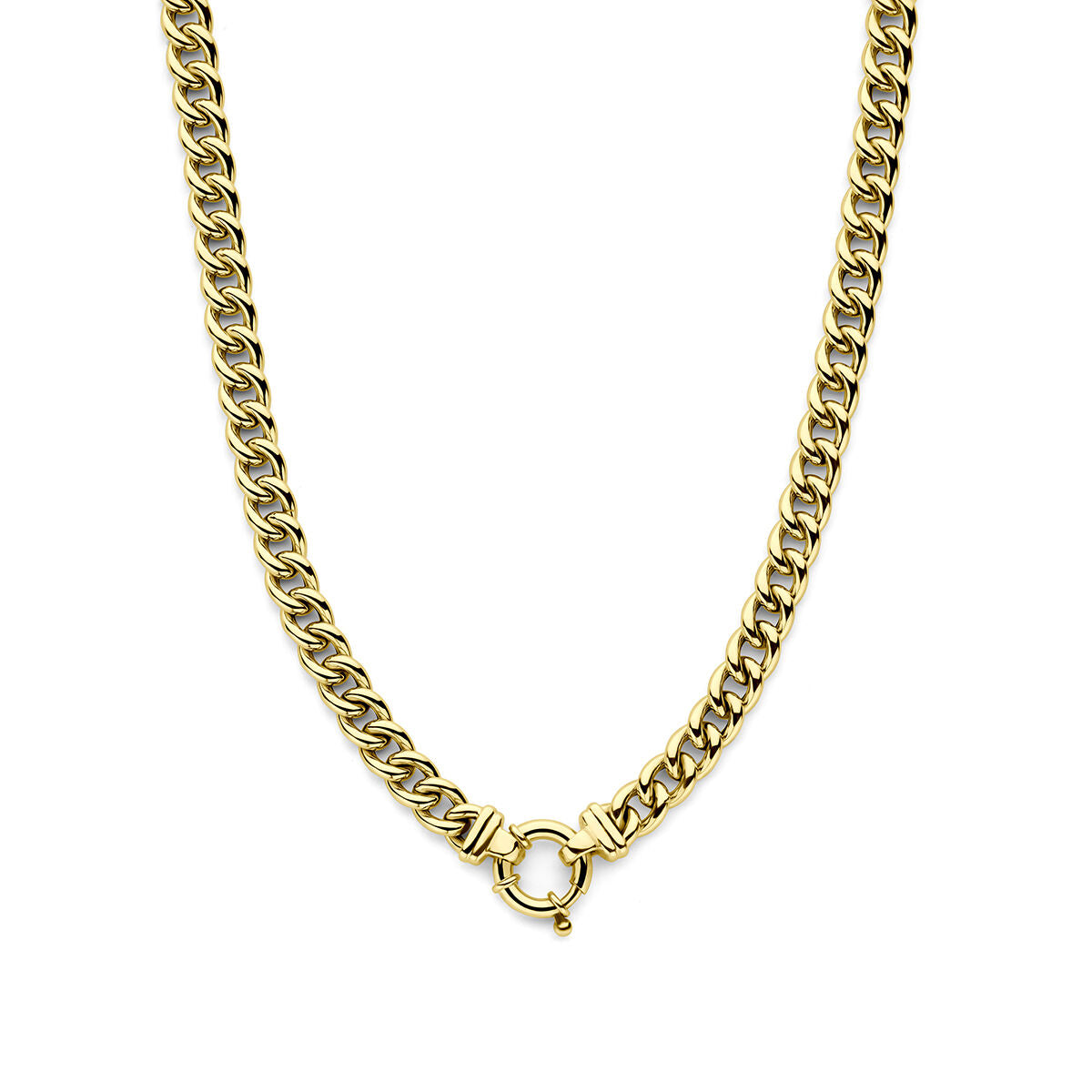 Het collier gourmette 7,7 mm 45 cm met groot springslot van 14K geelgoud uit de Van der Kooij Collectie is een luxe damesketting, elegant gepresenteerd op een witte achtergrond.