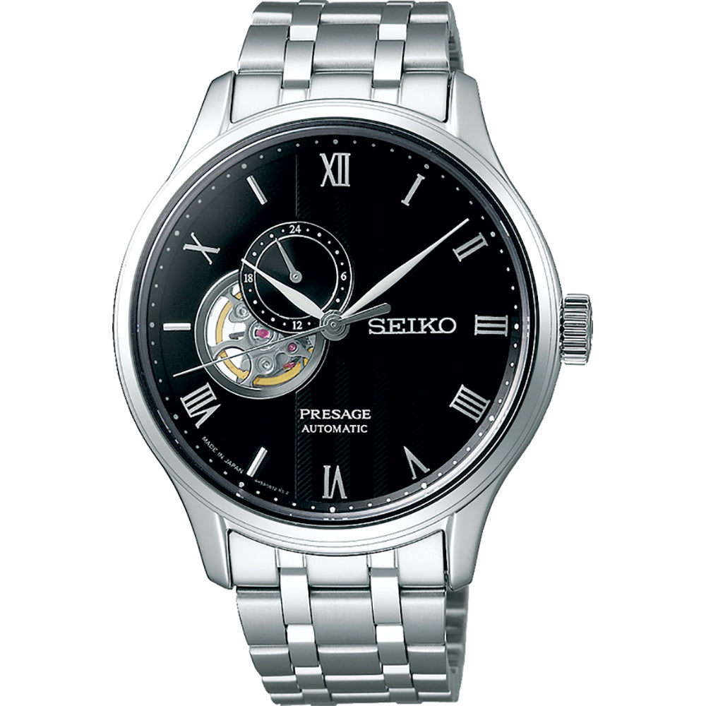Montre Seiko Presage pour homme avec cadran noir, boîtier et bracelet en acier inoxydable, affichage automatique.