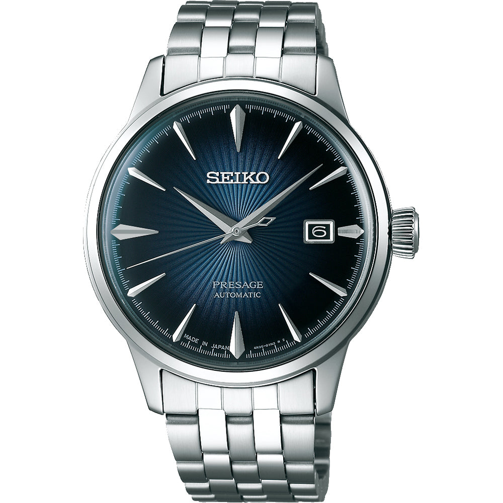 Montre Seiko Presage pour homme avec cadran bleu, boîtier en acier inoxydable et bracelet en métal.