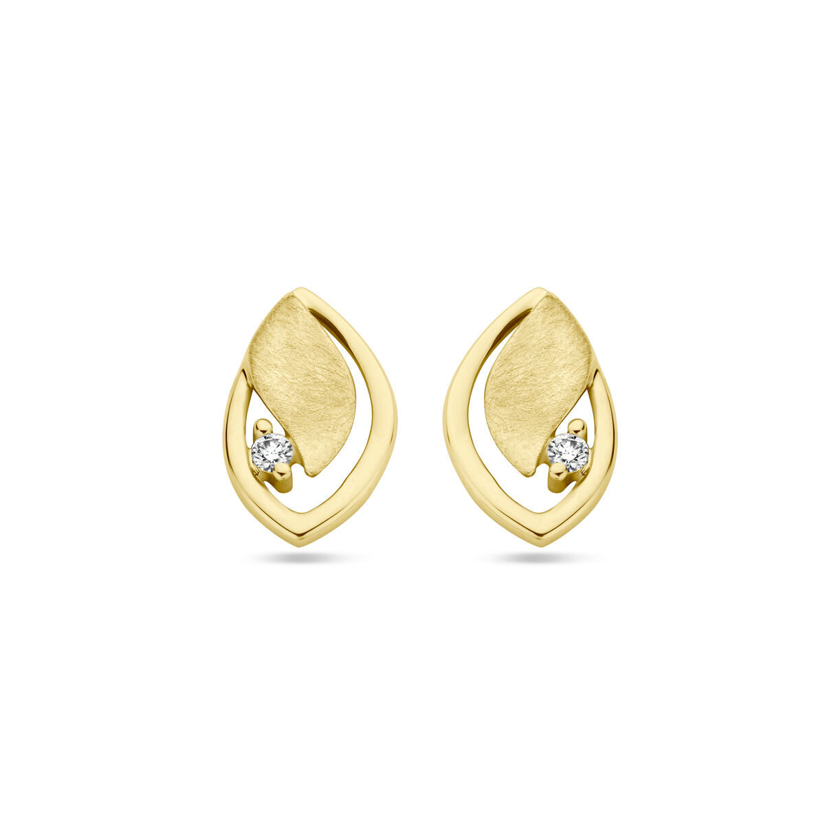 Boucles d'oreilles en or jaune 14K avec un design en forme de goutte, finition mate et poli, ornées de diamants de 0,03 ct.