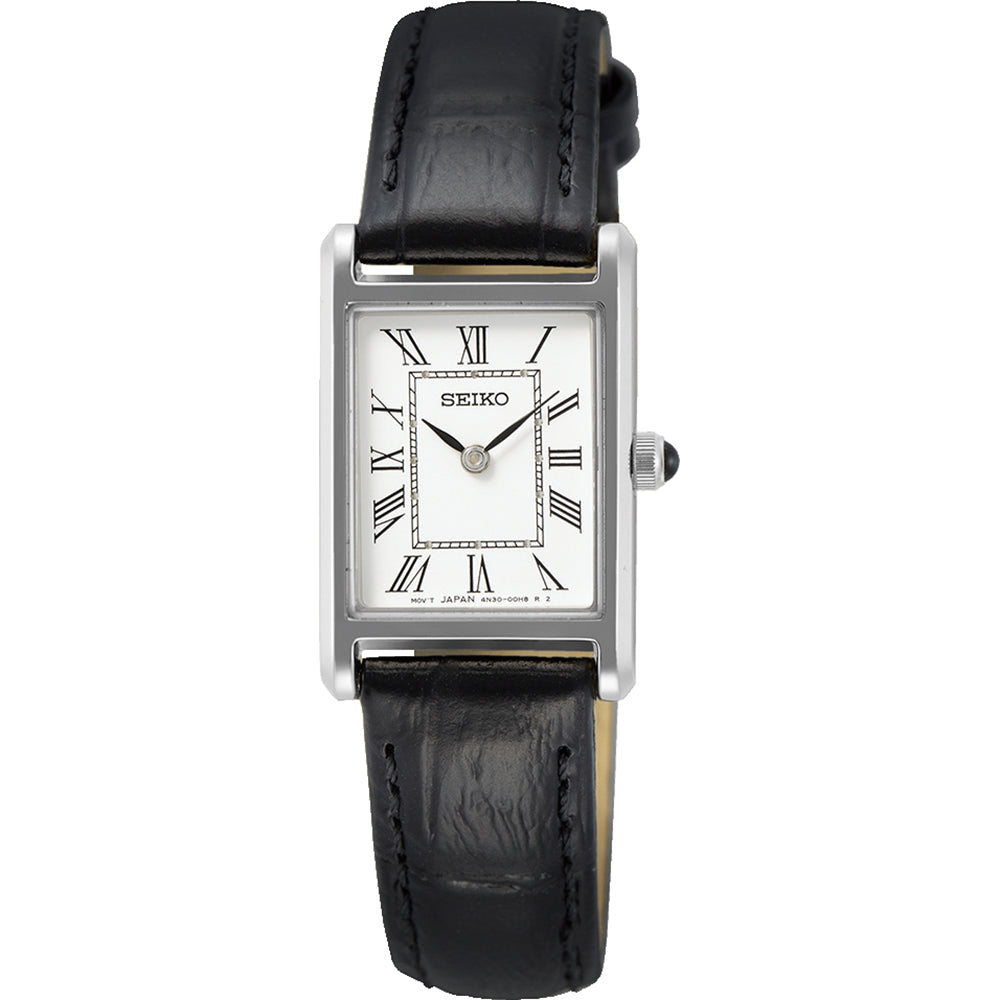 Montre pour femme Seiko avec boîtier rectangulaire en acier inoxydable et bracelet en cuir noir.