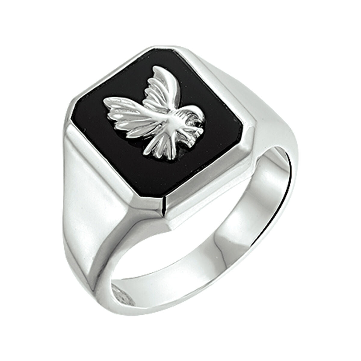 Bague en argent massif avec un aigle en relief sur une pierre d'onyx noire.