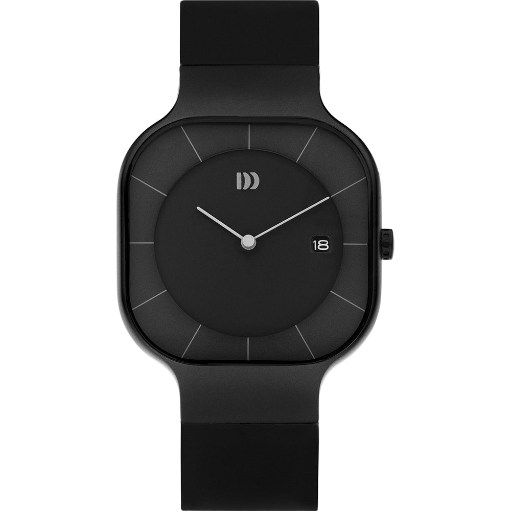Montre noire avec un cadran minimaliste et un bracelet en silicone.