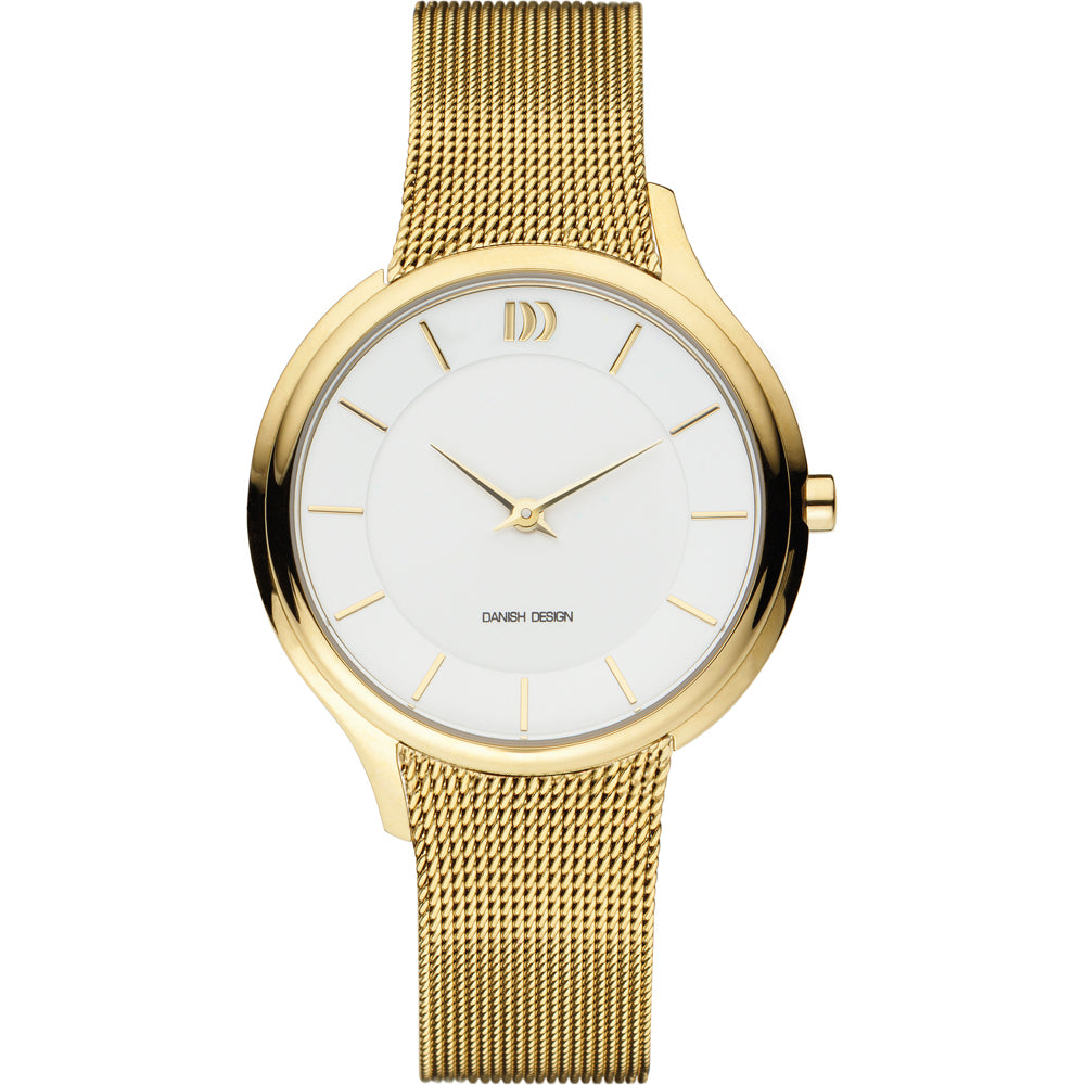Montre dorée avec un cadran blanc et un bracelet en maille.