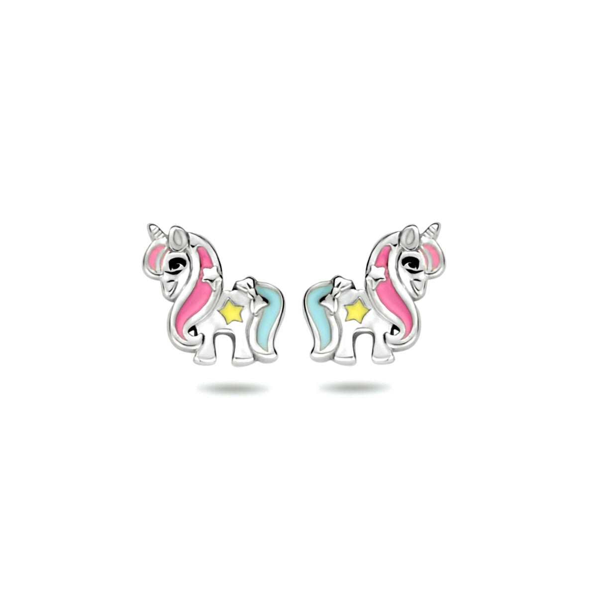 Boucles d'oreilles en forme de licorne en argent rhodié avec des détails colorés.