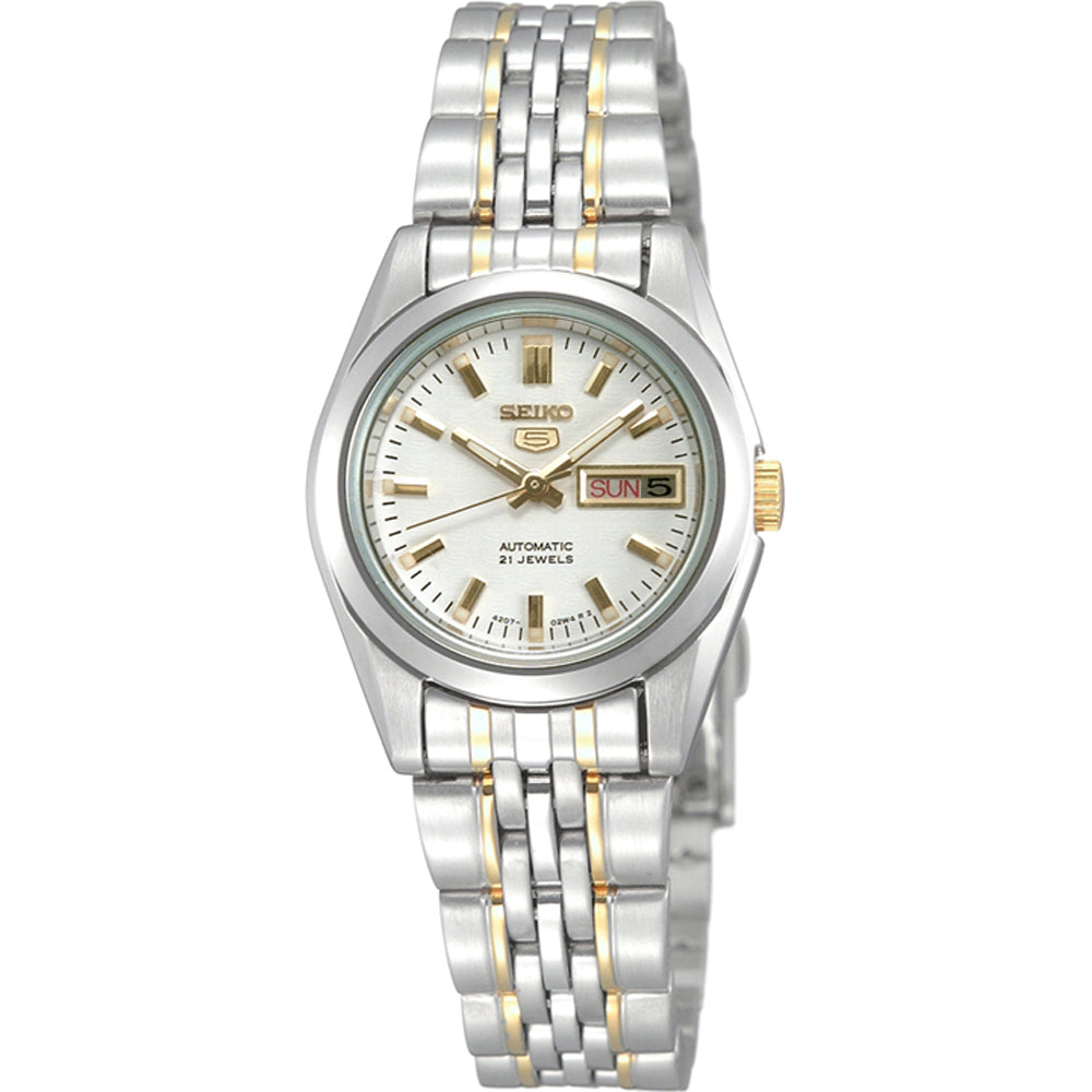 Montre pour femme Seiko avec boîtier argenté, bracelet en acier inoxydable et détails dorés, cadran argenté.