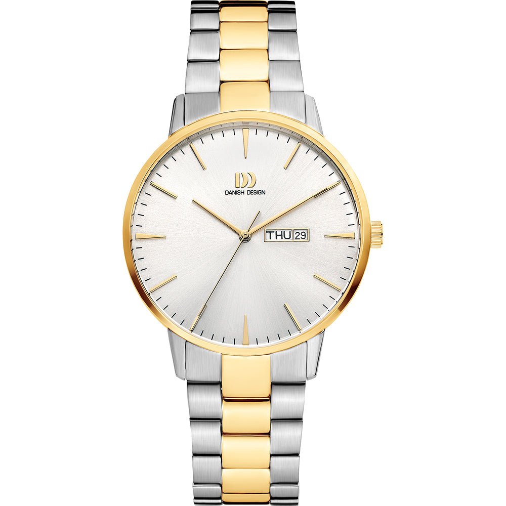 Montre argentée avec bracelet bicolore en acier inoxydable et cadran argenté.