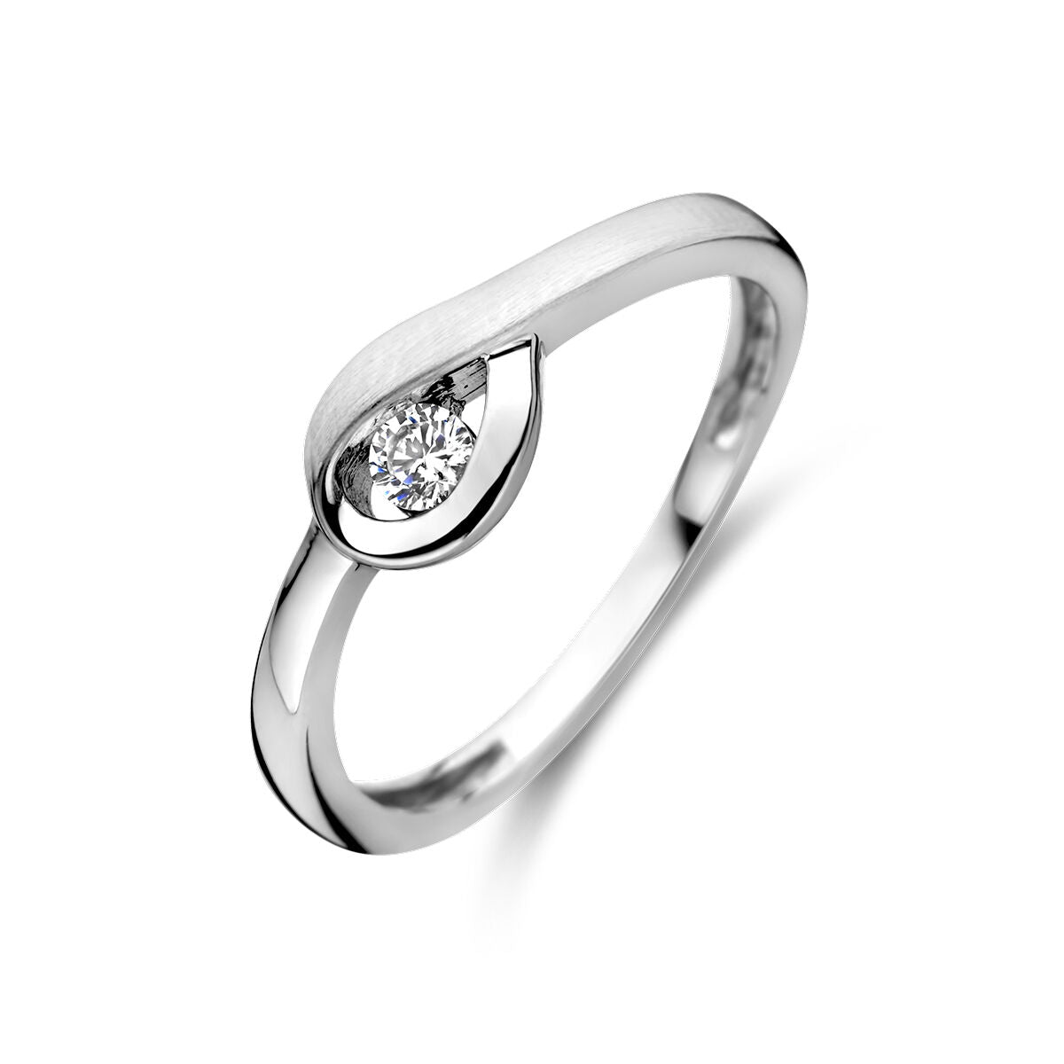 Bague en argent rhodié avec finition polie et mate, ornée d'un zircon.