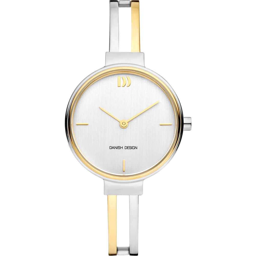 Montre argentée avec cadran blanc, boîtier en acier inoxydable et bracelet bicolore doré et argenté.