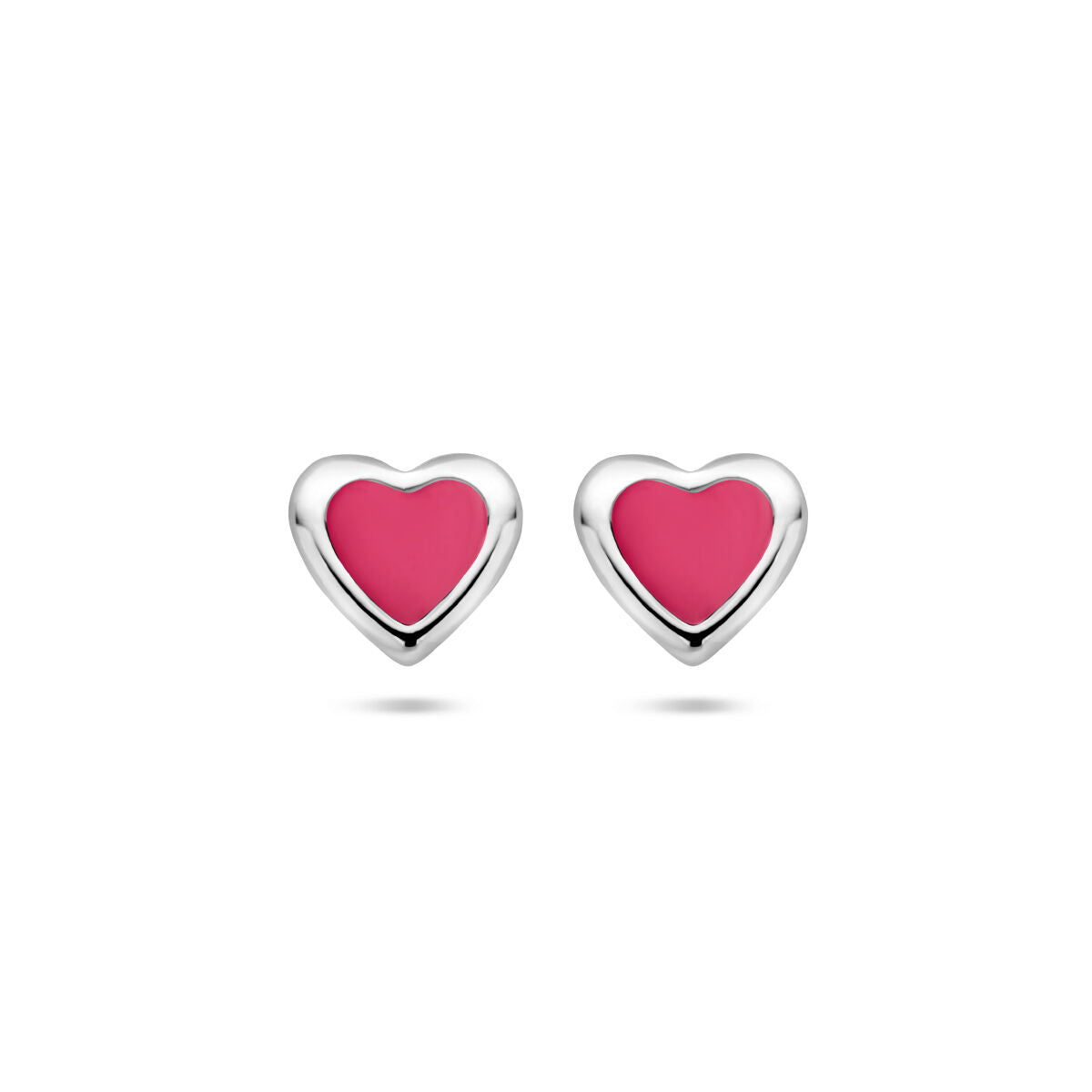 Boucles d'oreilles en forme de cœur en argent rhodié avec un intérieur rose.