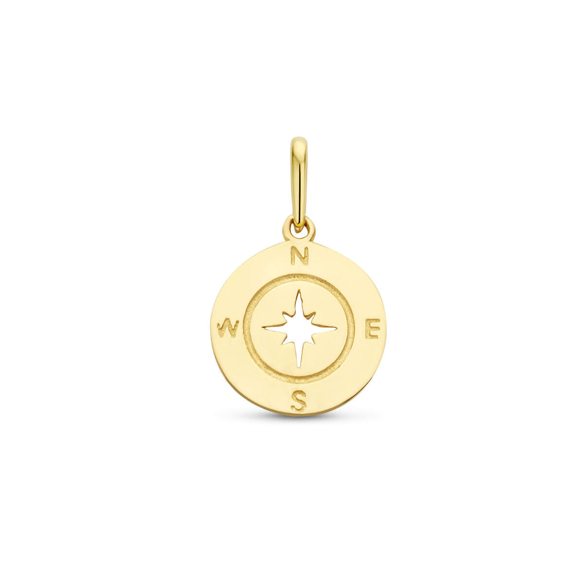pendentif en or jaune 14 carats en forme de compas avec les directions N, S, E, W.