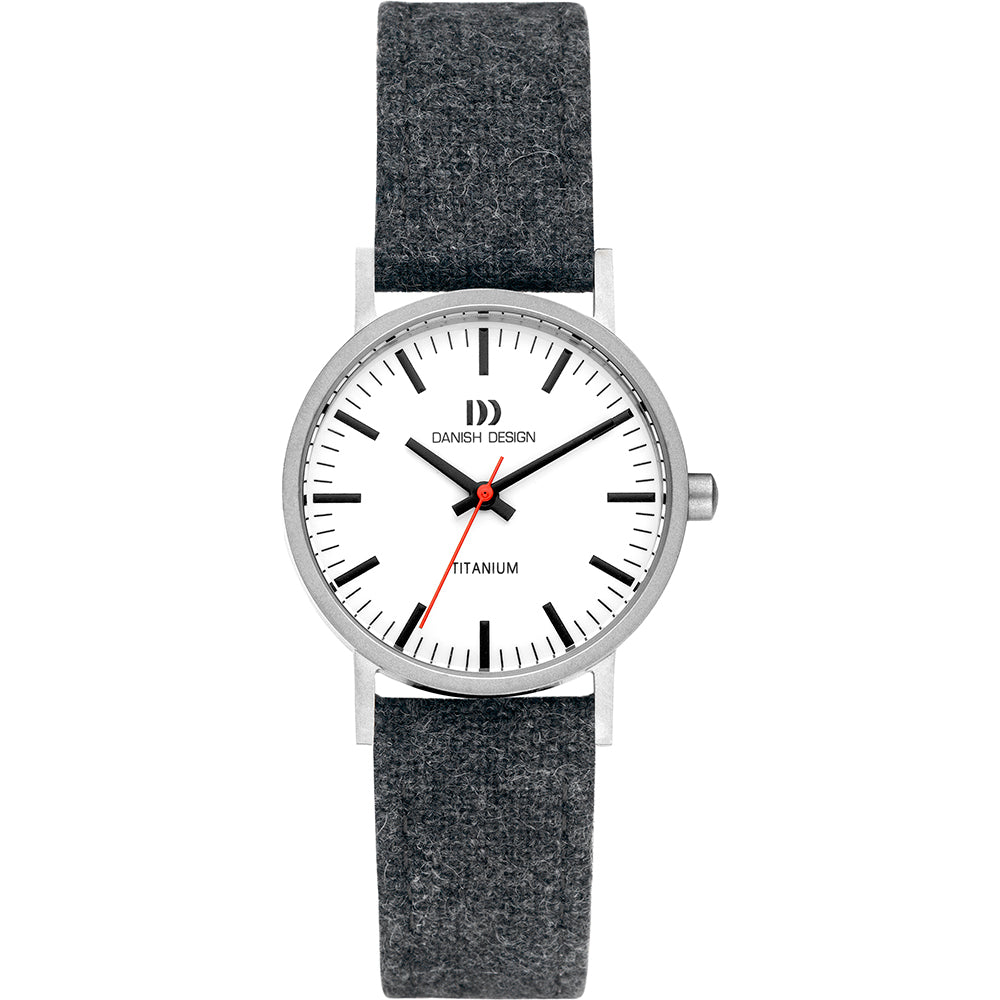 Montre avec un cadran blanc, boîtier argenté et bracelet en tissu gris.