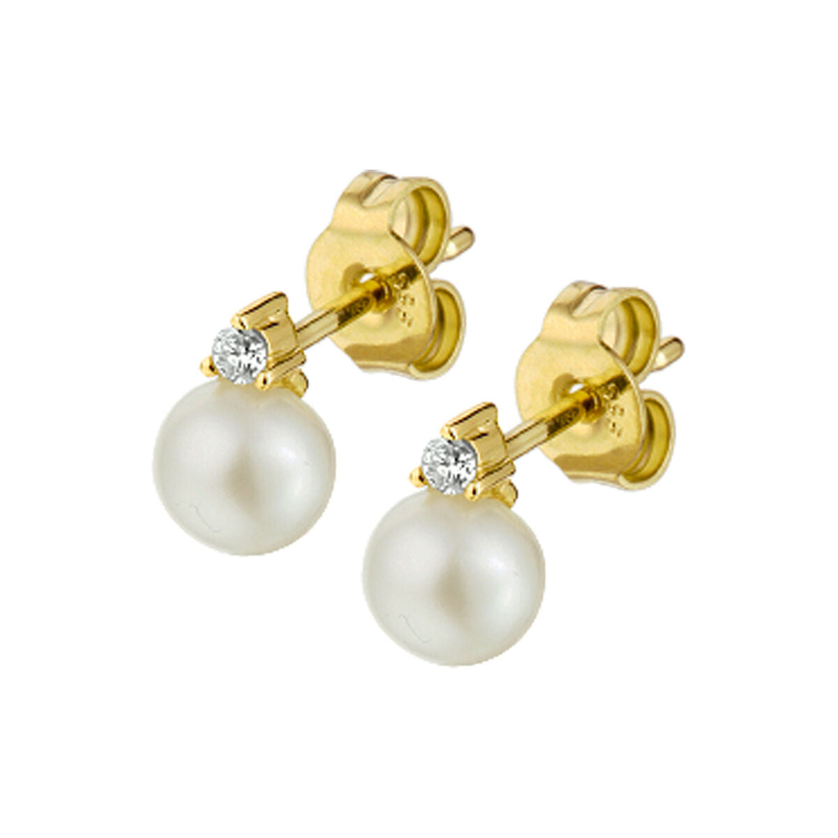 Boucles d'oreilles en or jaune 14K avec perles blanches et diamants de 0,05 ct.