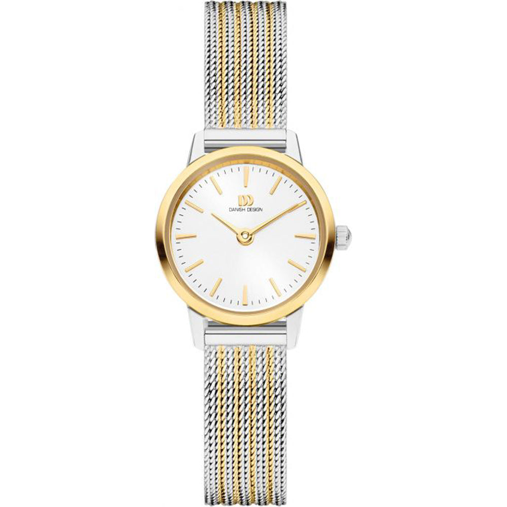 Montre avec boîtier doré et argenté, cadran blanc et bracelet en maille.