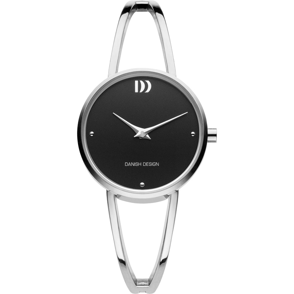 Montre argentée avec un cadran noir et un bracelet fin en métal.