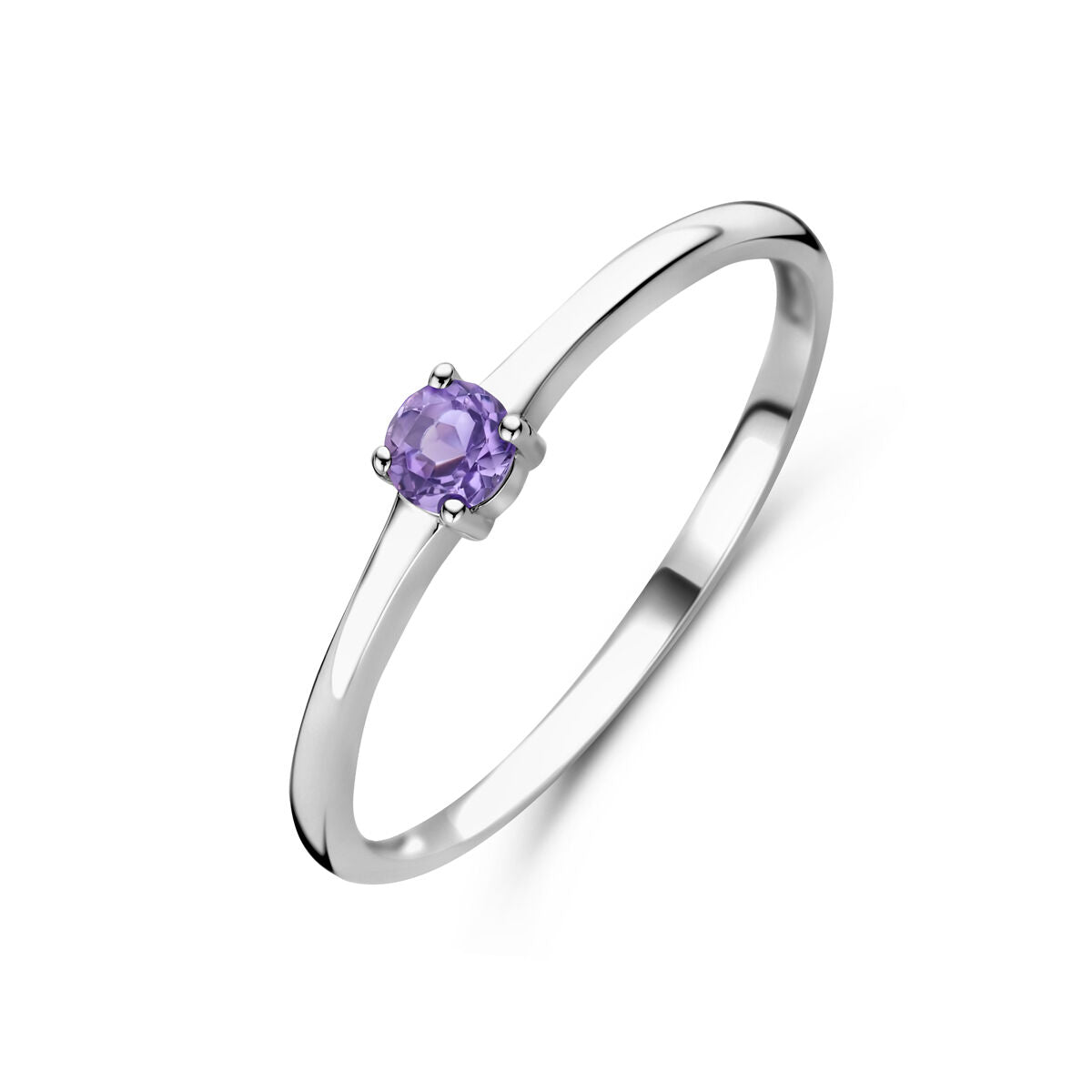 Bague en argent rhodié avec une pierre de naissance améthyste légère.