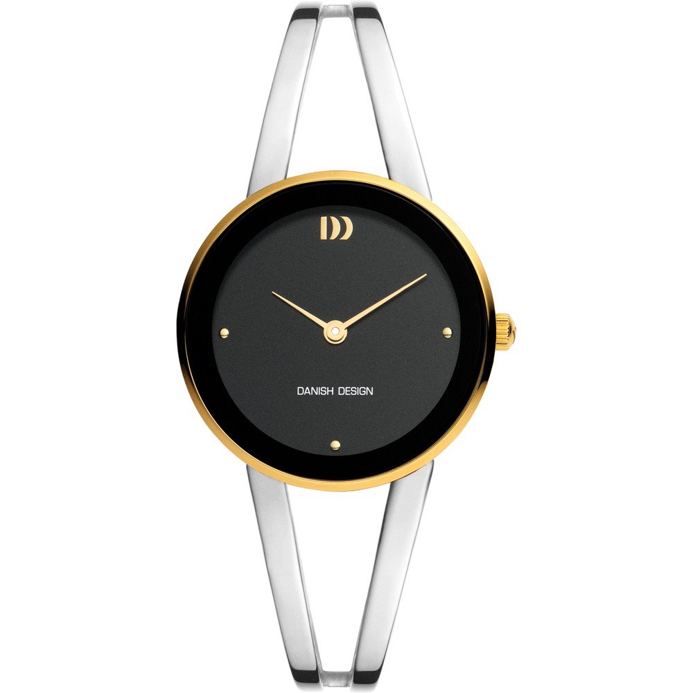 Montre femme avec cadran noir, boîtier doré et bracelet en acier argenté.