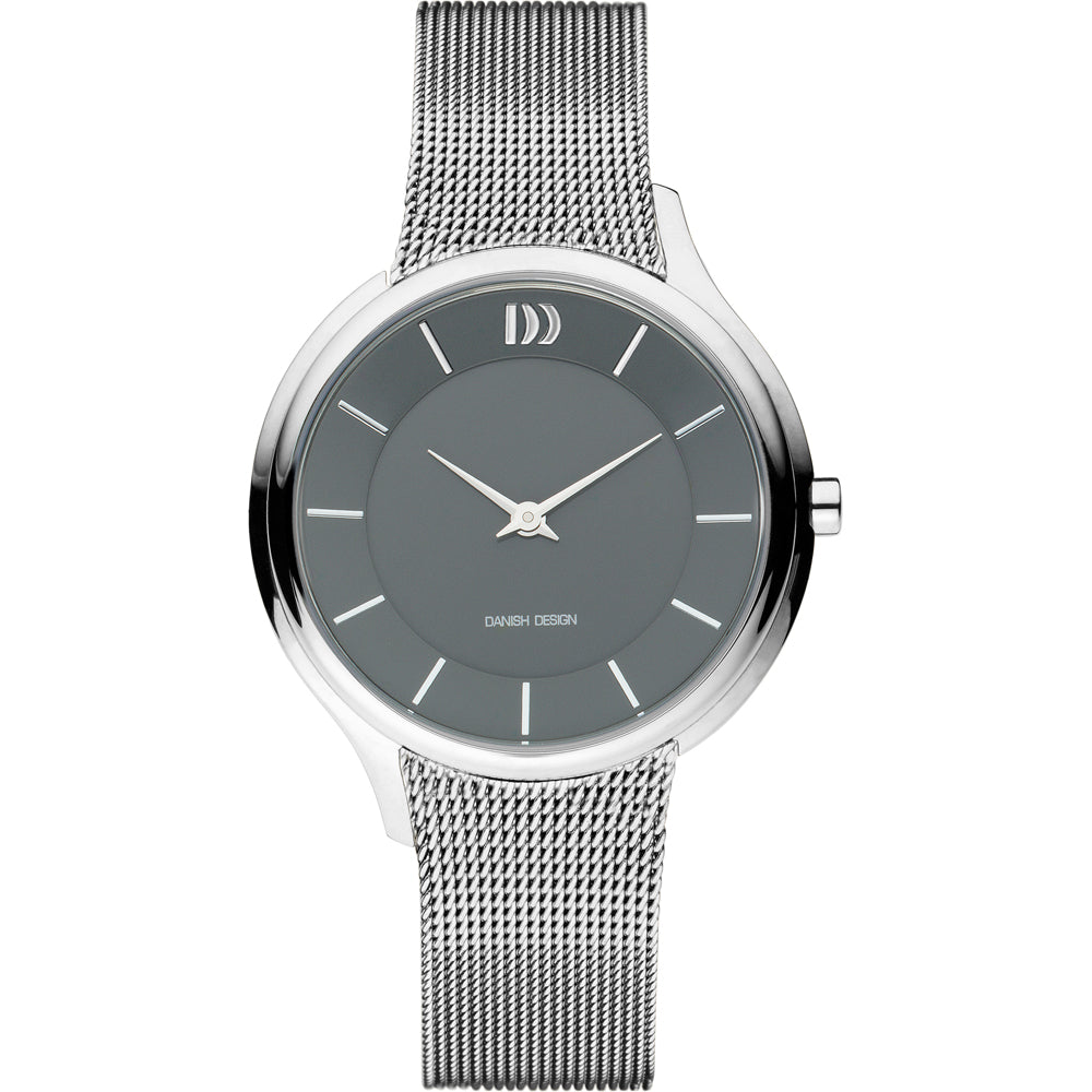 Montre argentée avec cadran gris, boîtier rond et bracelet en maille métallique.