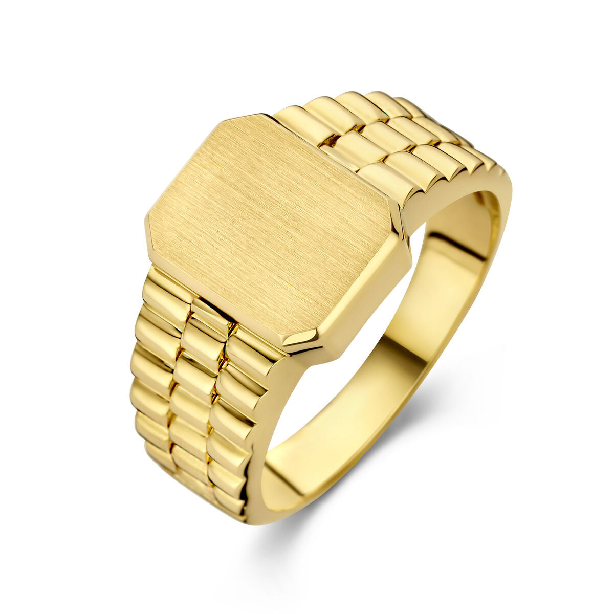 Bague en or jaune 14K, finition mate, avec un design hexagonal et un bracelet texturé.