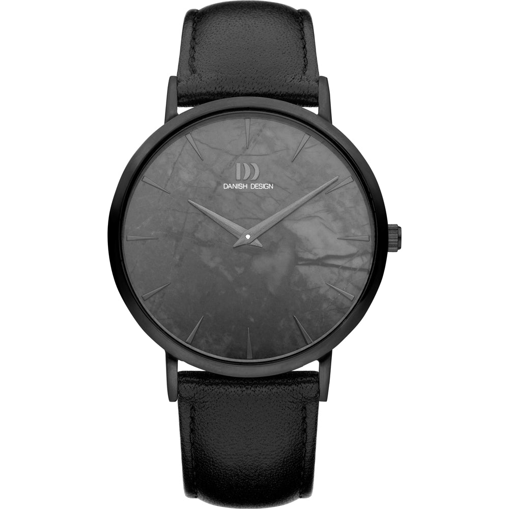 Montre unisexe au cadran noir, boîtier noir et bracelet en cuir noir.