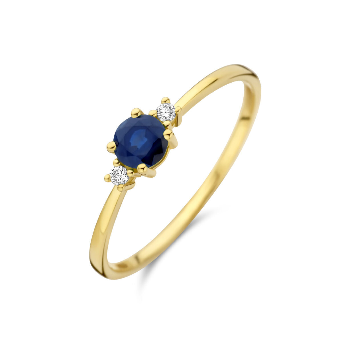 Bague en or jaune 14K avec un saphir central et deux diamants de 0,015 ct.