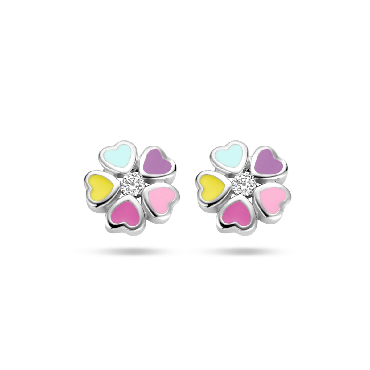 Boucles d'oreilles en forme de fleur avec des cœurs colorés et des zircons, en argent rhodié.
