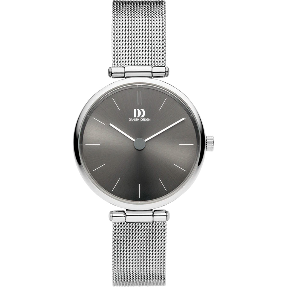 Montre argentée avec un cadran gris et un bracelet en maille métallique.