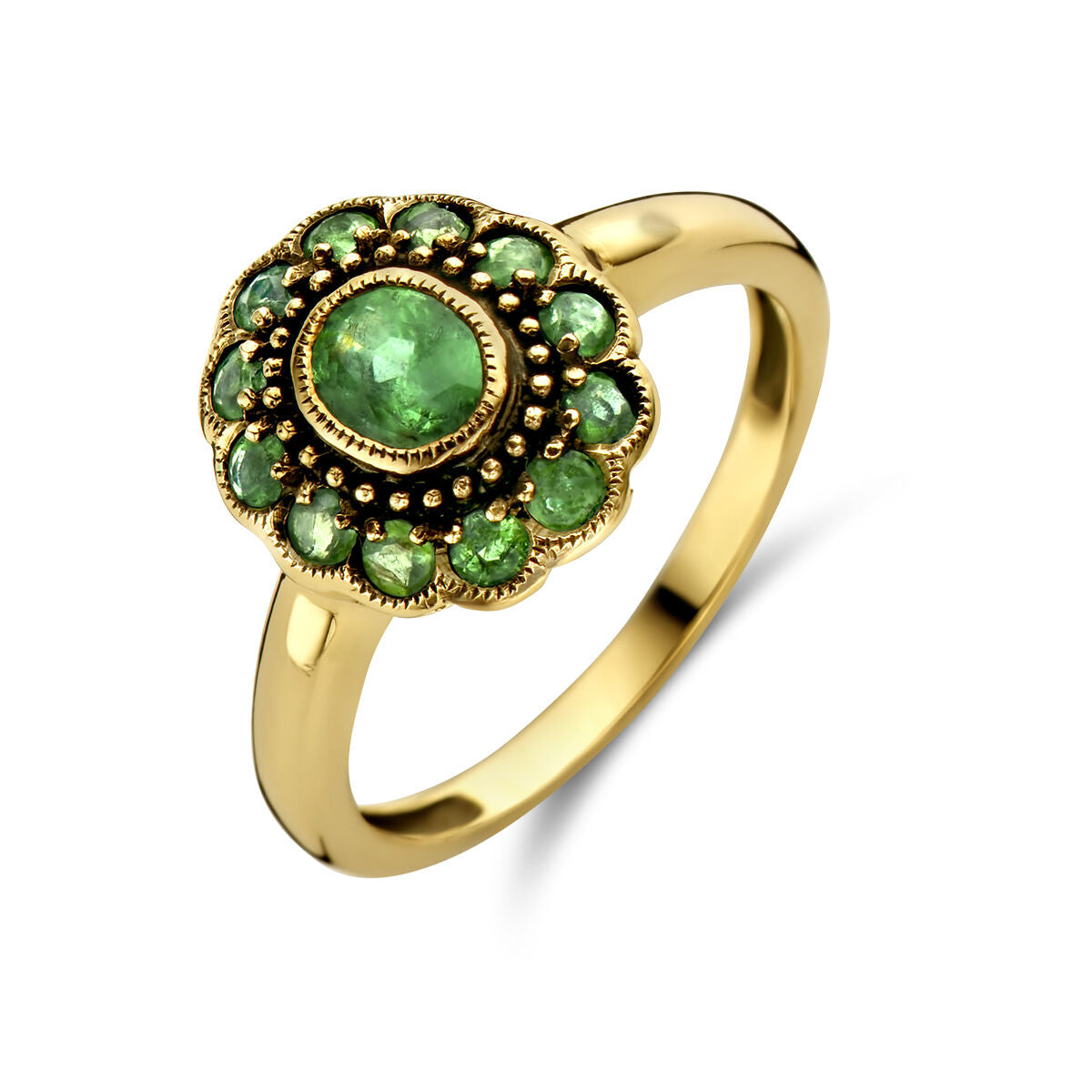 Bague en or jaune 14K ornée d'un émeraude centrale et de petites pierres vertes.