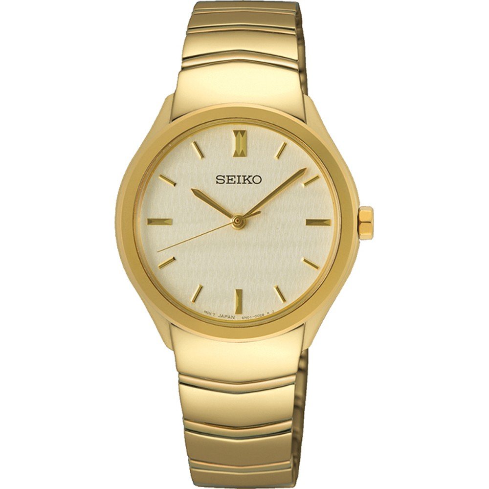Montre pour femme Seiko avec boîtier et bracelet dorés, cadran doré et index en relief.