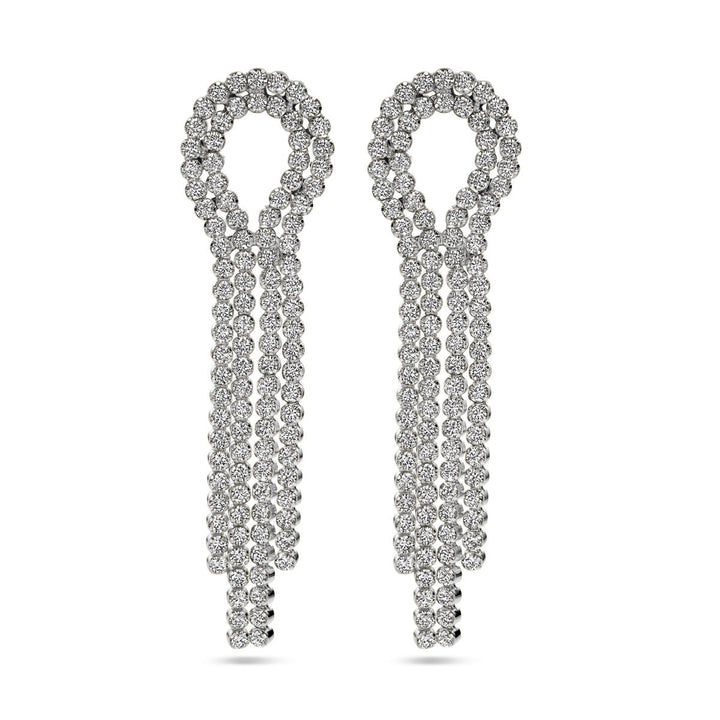 Van der Kooij Collectie oorhangers zirkonia zilver gerhodineerd: elegante, lusvormige oorbellen met drie fonkelende zirkonia hangers per stuk, uitgevoerd in wit metaal - een verfijnde accessoire.