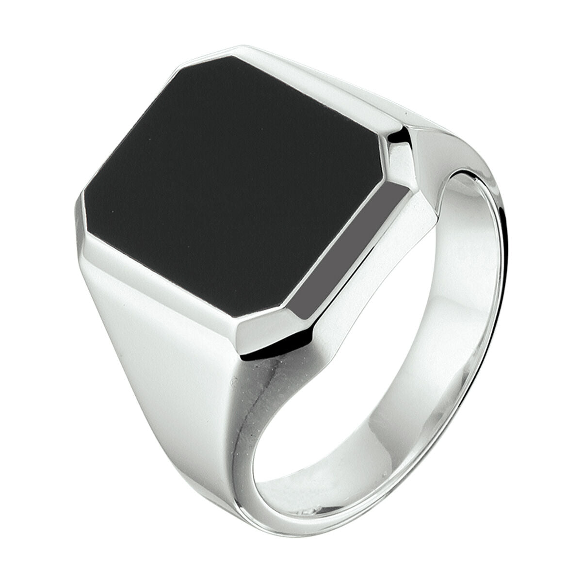 Bague en argent rhodié avec un plateau octogonal en onyx noir de 13 x 11 mm.