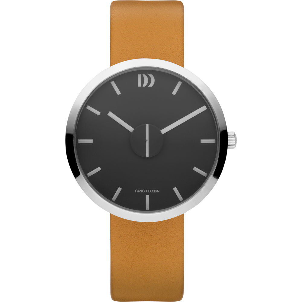 Montre unisexe avec cadran noir et bracelet en cuir marron.