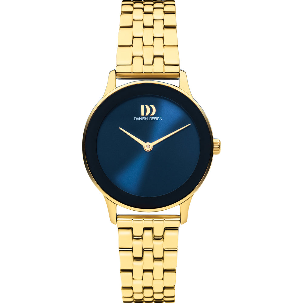 Montre dorée avec un cadran bleu et un bracelet en maillons.