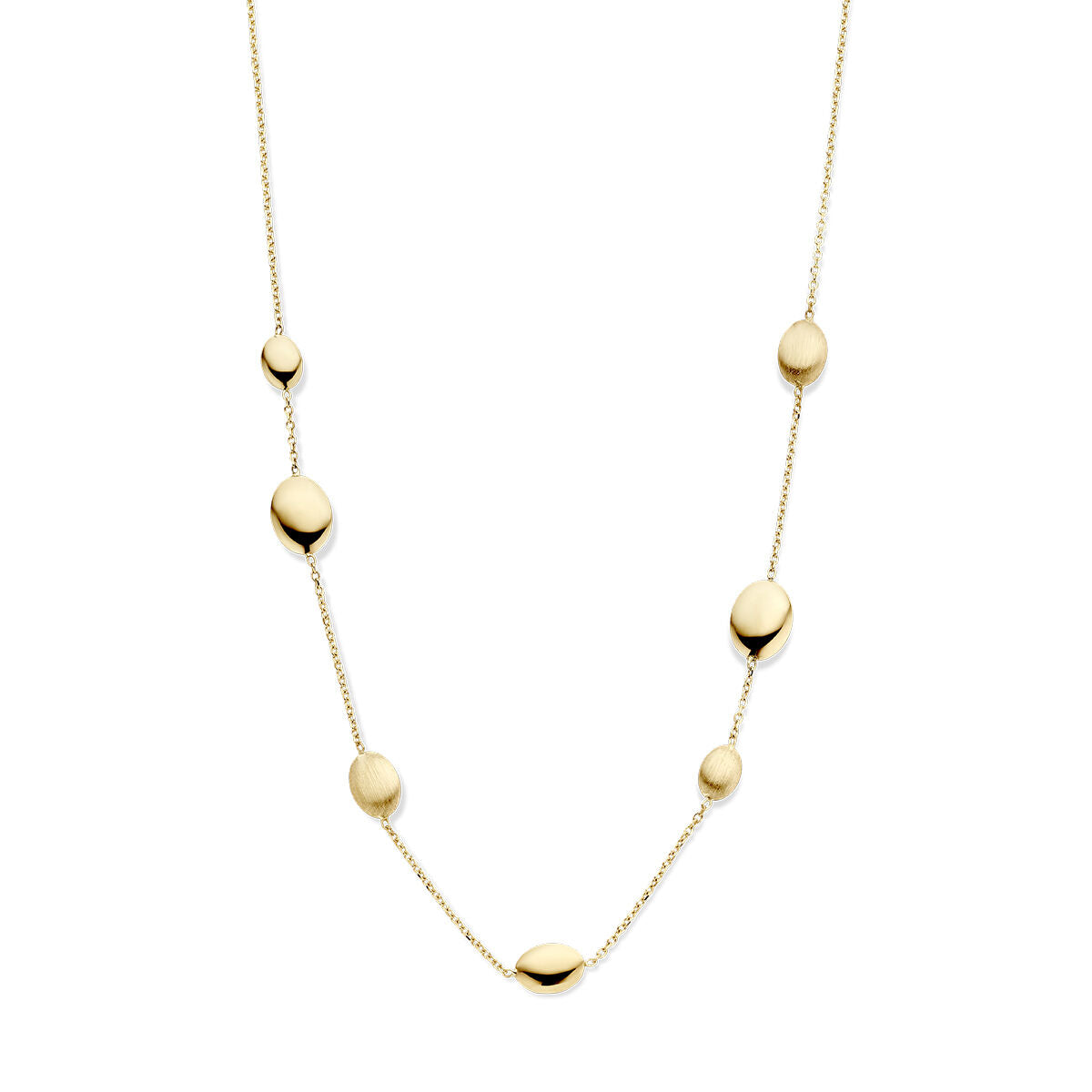 Collier en or jaune 14K poli et mat, longueur de 43 cm, avec des éléments ovales.