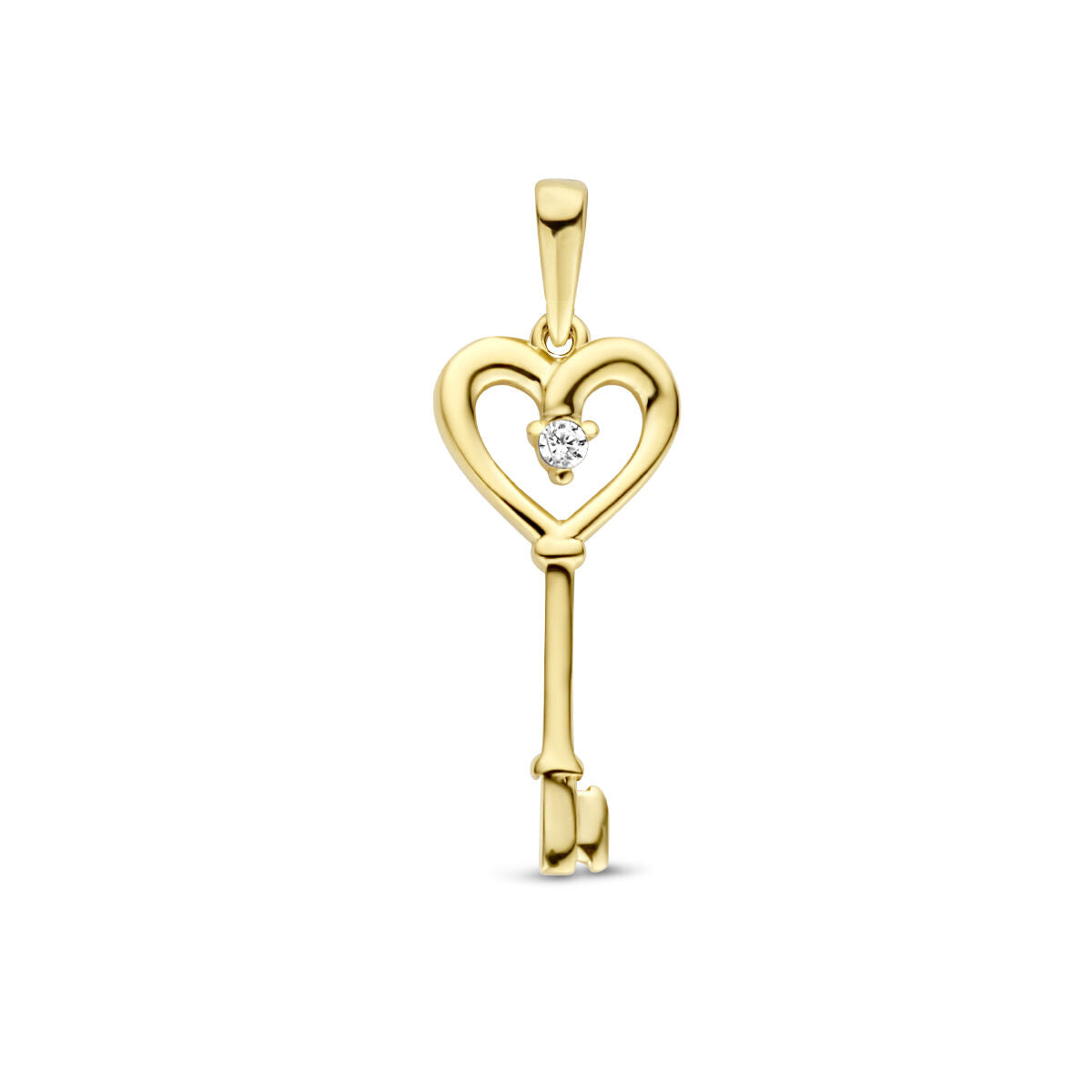 pendentif en forme de clé avec un cœur, en or jaune 14K, orné d'une zirconia.