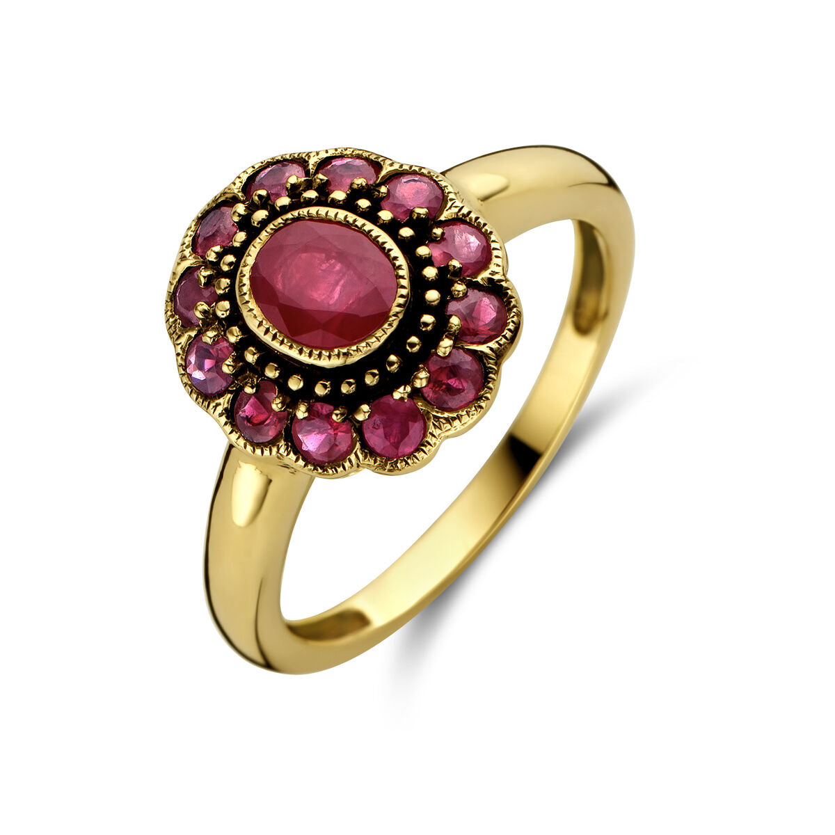 Bague en or jaune 14K ornée d'un rubis central et de plusieurs petites pierres rubis.