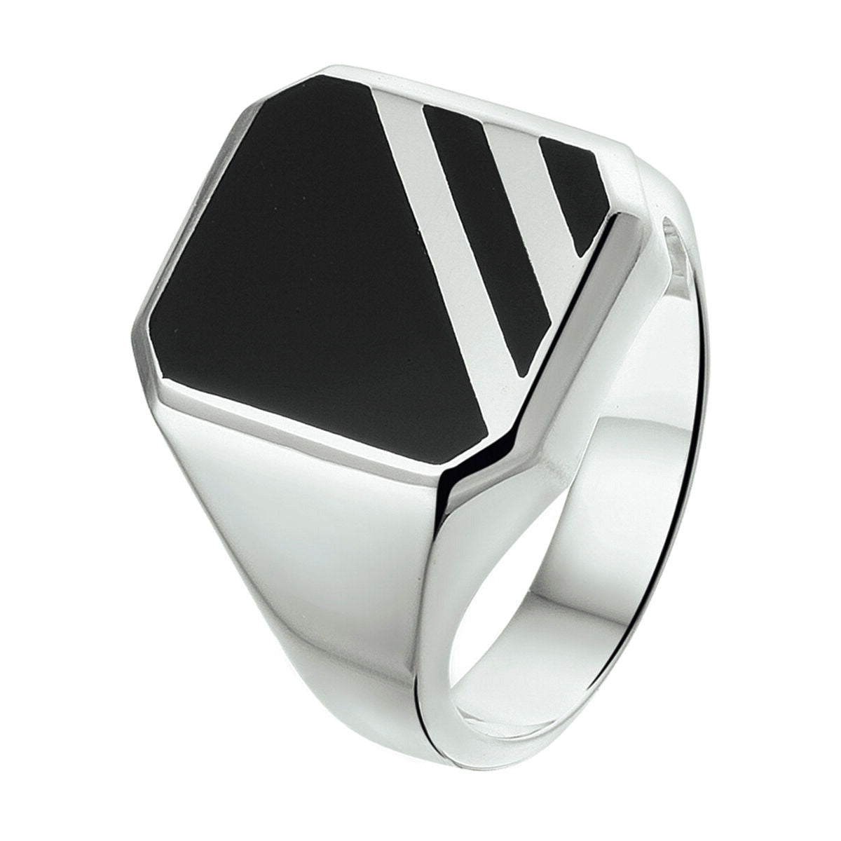Bague chevalière en argent rhodié avec une pierre d'onyx noire et des détails géométriques.