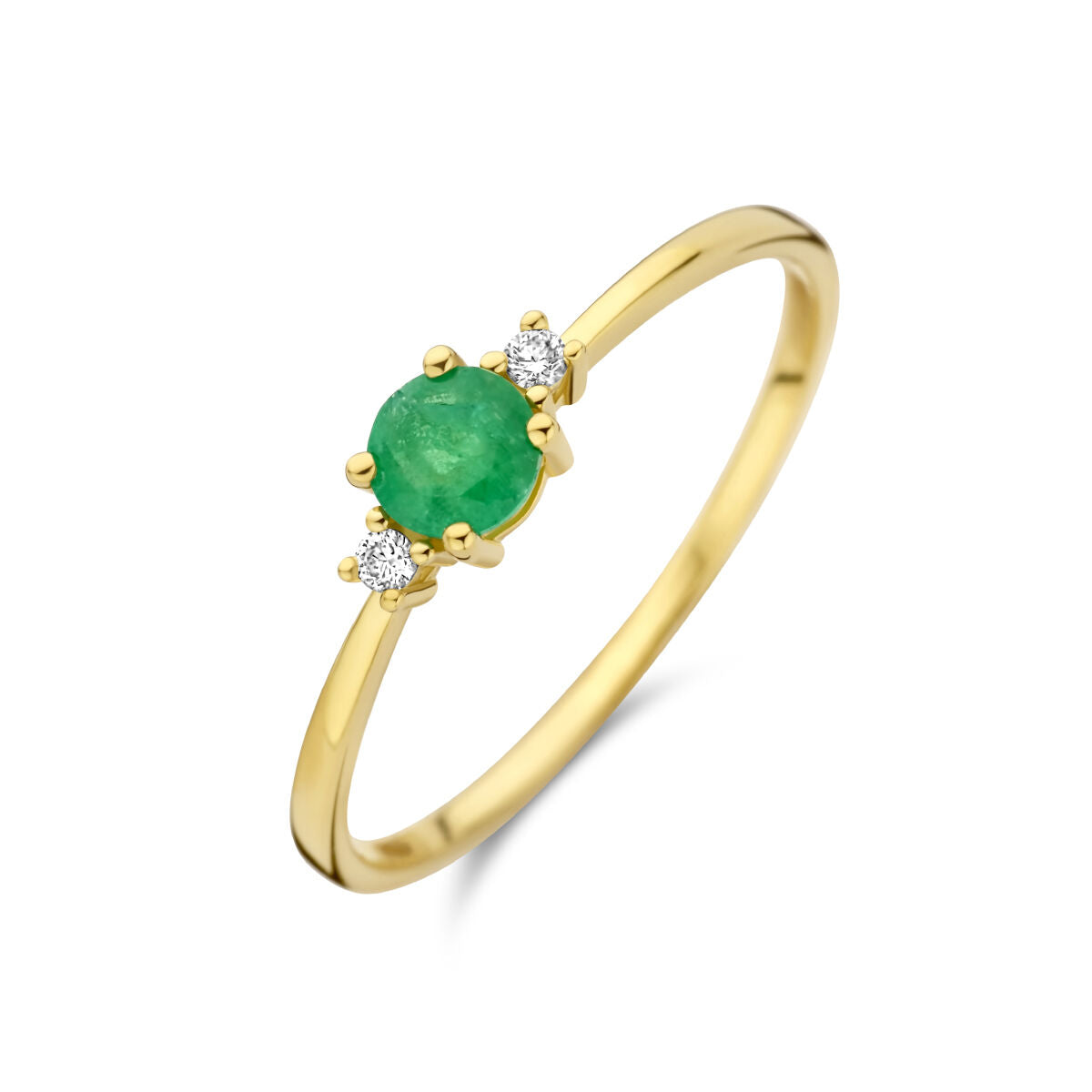 Bague en or jaune 14K avec un émeraude ovale au centre et deux diamants de 0,015 ct.