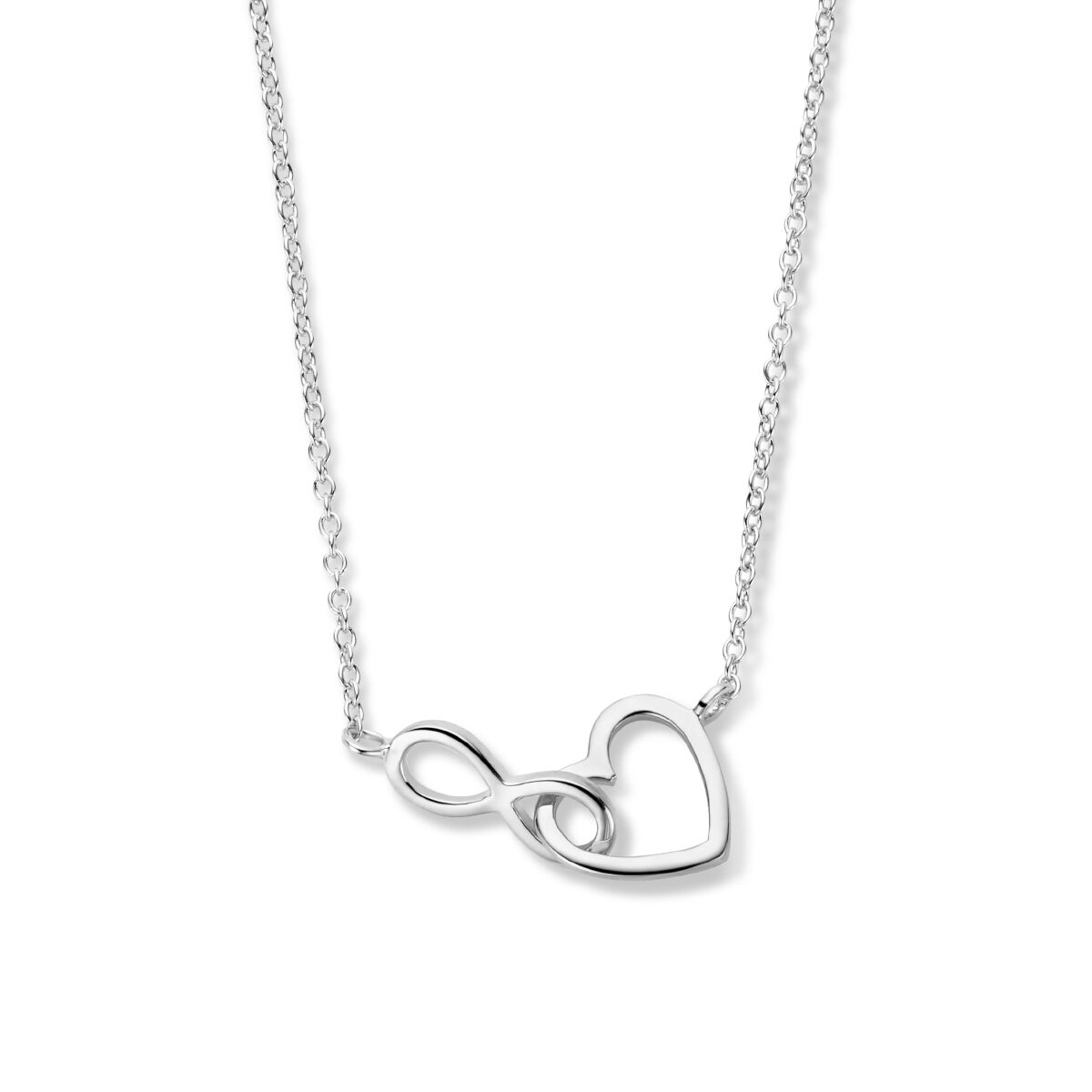 Collier argenté avec un pendentif en forme de cœur et de symbole infini, finition rhodiée.