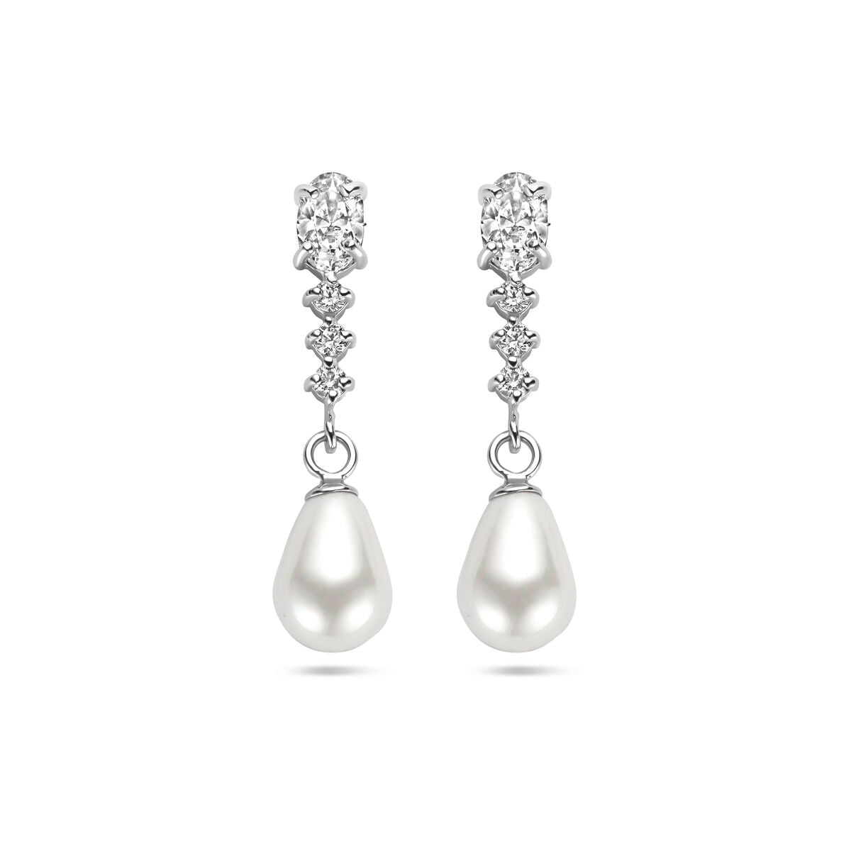 Boucles d'oreilles en argent rhodié avec zirconia et perles blanches en forme de goutte.