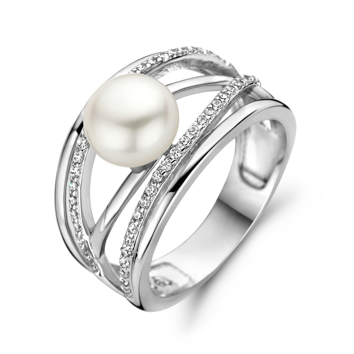 Bague en argent rhodié avec une perle blanche et des détails scintillants.