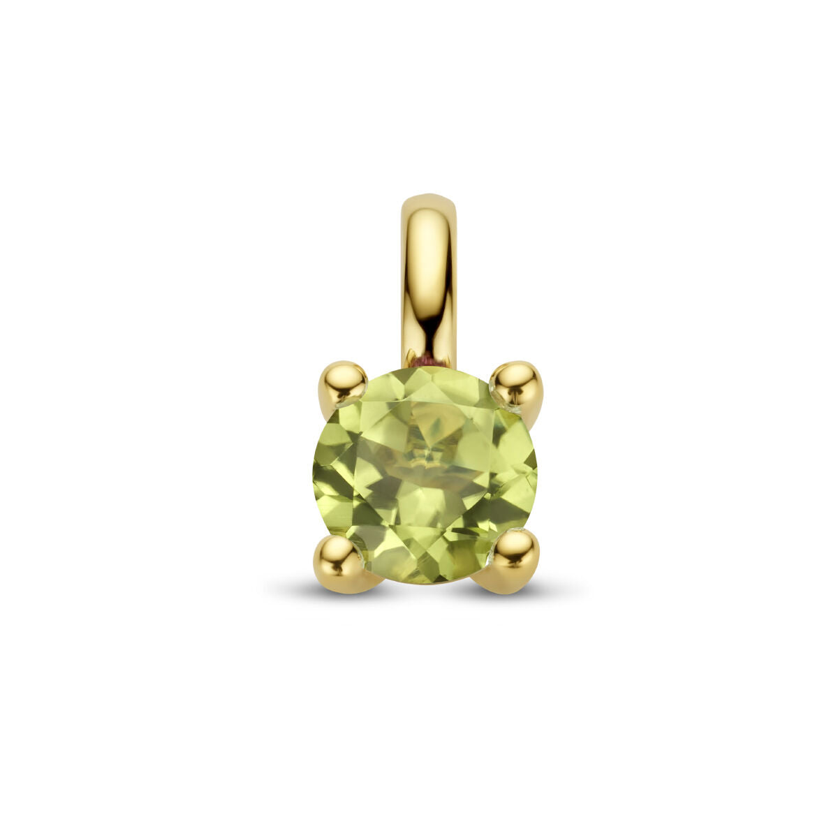 De Van der Kooij Collectie hanger peridot 14K geelgoud heeft een ronde, lichtgroene peridot gezet in een vierpuntige 14k geelgouden bail, afgebeeld tegen een witte achtergrond.