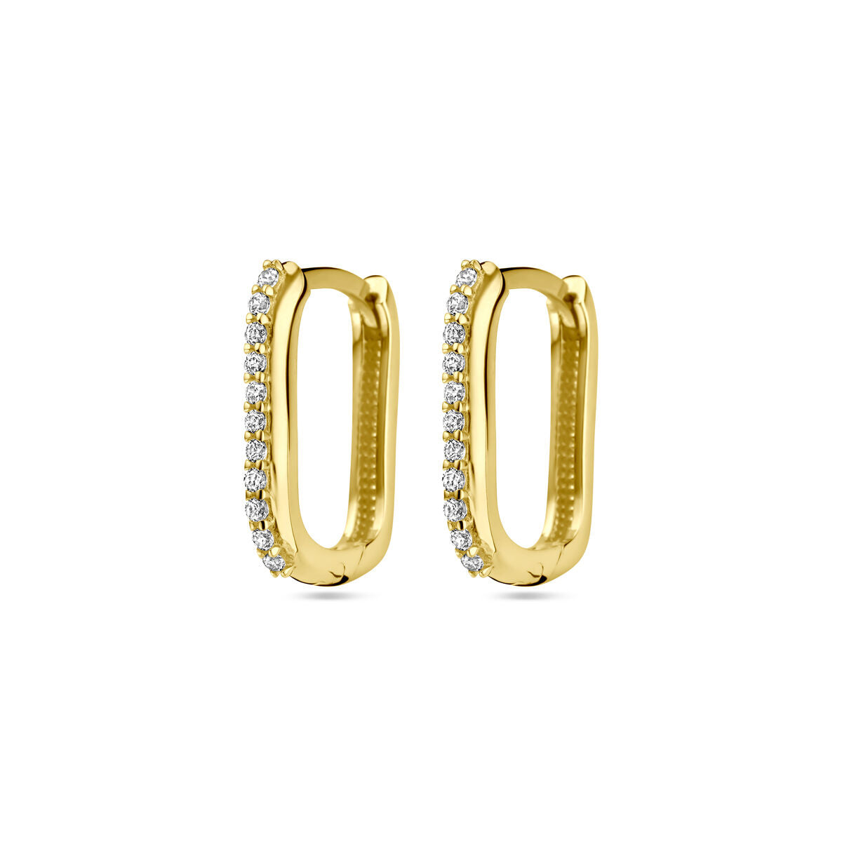 Boucles d'oreilles en or jaune 14K avec zircons, forme ovale et finition brillante.
