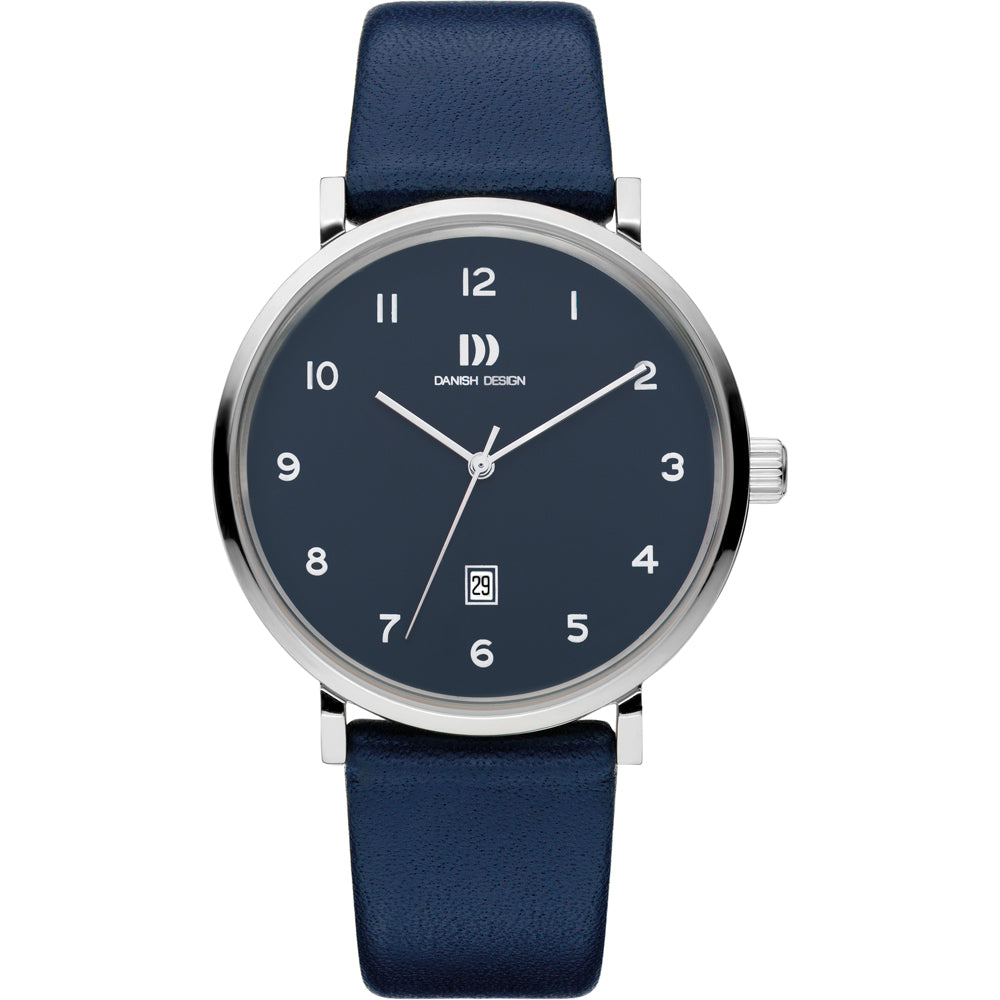 Montre avec un cadran bleu, boîtier en acier inoxydable et bracelet en cuir bleu.