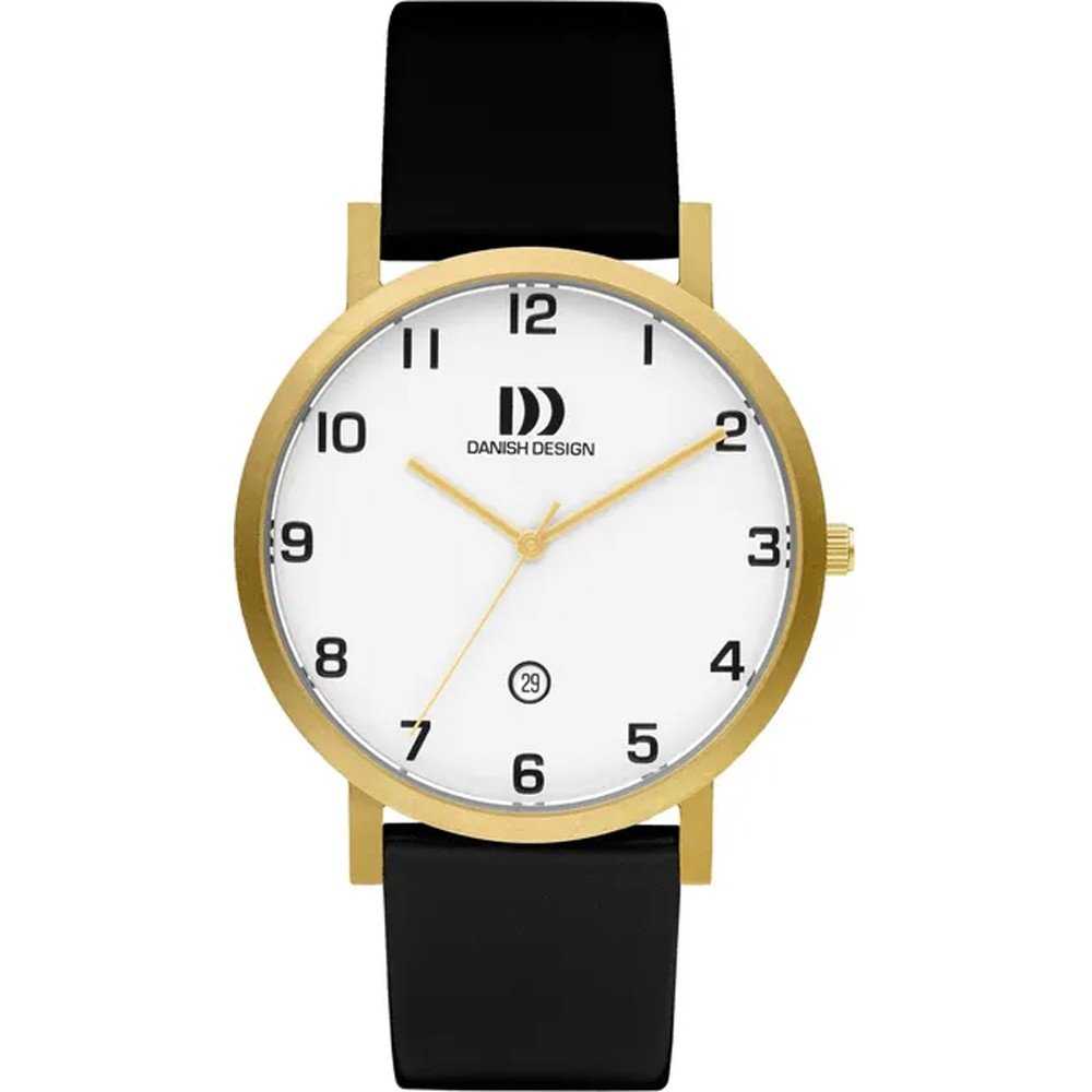 Montre à cadran blanc, boîtier doré et bracelet en silicone noir.