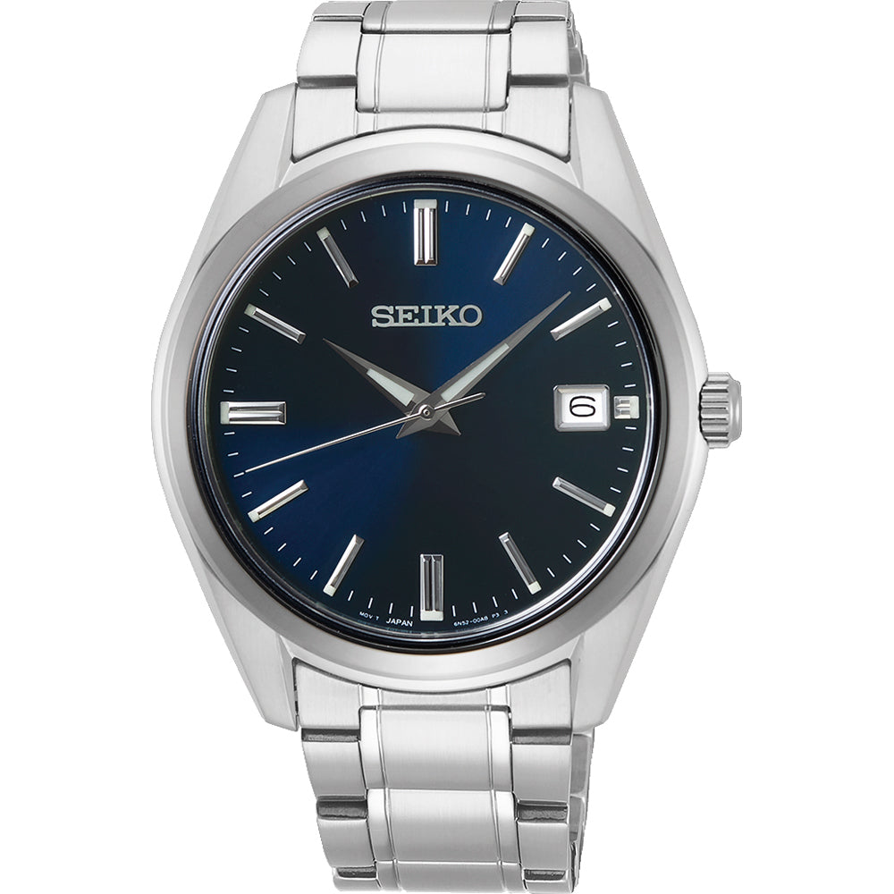 Montre pour homme Seiko avec un cadran bleu, boîtier en acier inoxydable et bracelet en métal.