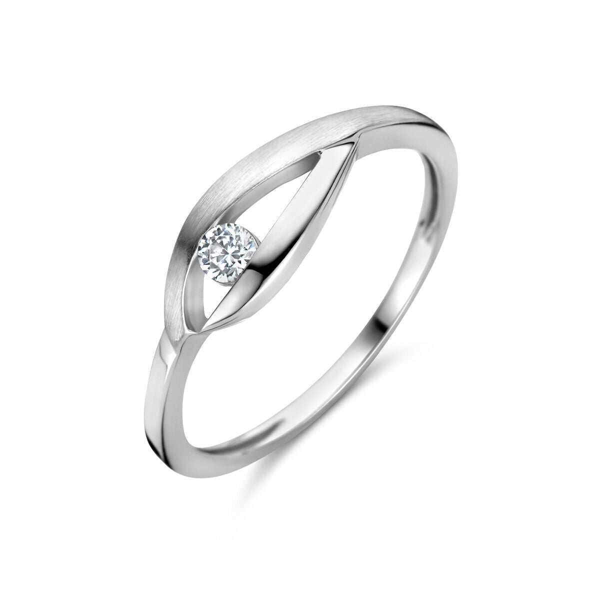Bague en argent rhodié avec une finition polie et mate, ornée d'une zircone en forme de goutte.