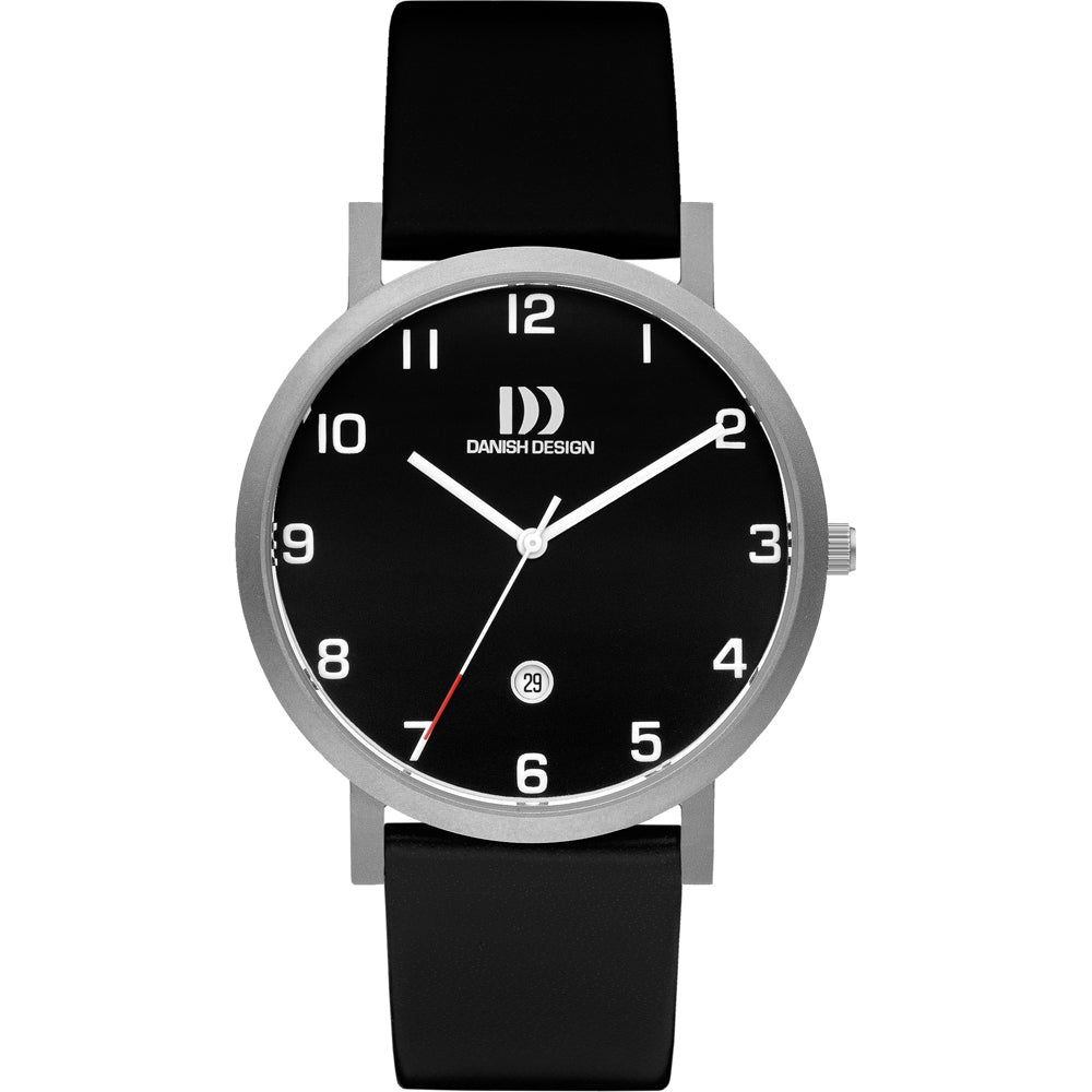 Montre avec un cadran noir, boîtier argenté et bracelet en silicone noir.