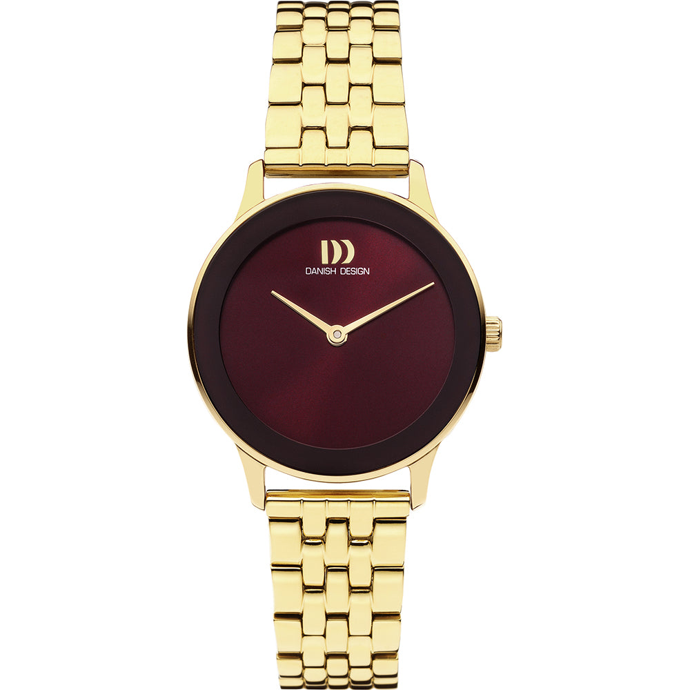 Montre femme avec cadran bordeaux et bracelet en acier doré.