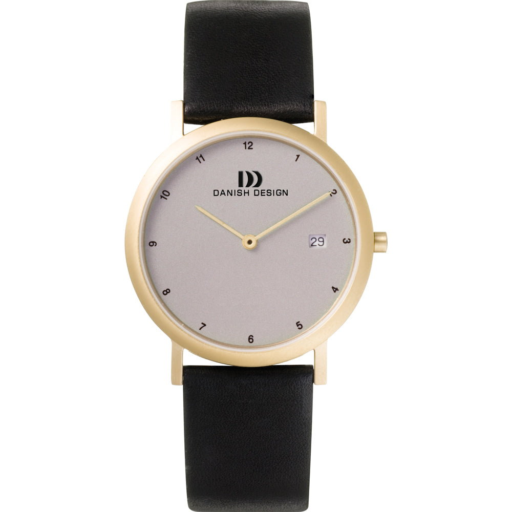 Montre à cadran gris avec boîtier doré et bracelet en cuir noir.